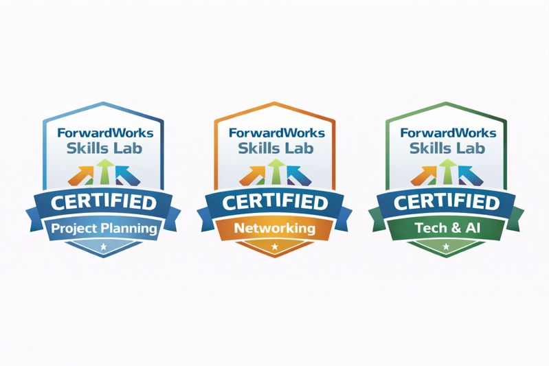 Skills Lab certification badges for Project Planning, Networking, and Tech & AI